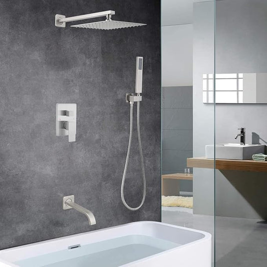 Brushed Nickel Shower System Bathroom Shower Faucet Set with Tub Spout Wall Mounted 10 Inch Shower Head and Handle Set with Handheld 3 Function Tub and Shower Trim Kit with Valve
