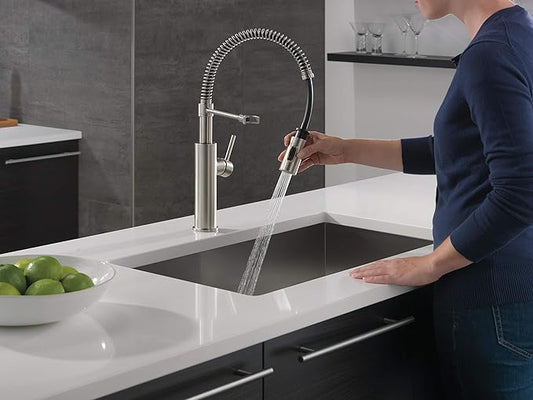 Delta Antoni Pro Style Commercial Kitchen Faucet with Pull Down Sprayer, Brushed Nickel Single Hole Kitchen Sink Faucet, Single Handle, Spotshield Stainless 18803-SP-DST