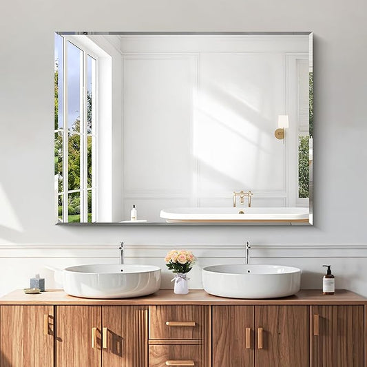 KOCUUY Beveled Mirror, 48x36 Inch Large Frameless Bathroom Mirror for Over Sink, Upgraded Shatterproof Beveled Unframed Design Mirror for Bathroom, Bedroom, Hang Horizontal/Vertical