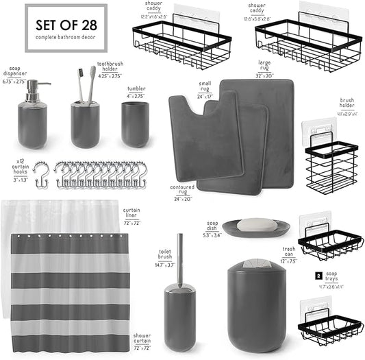 Clara Clark Bathroom Accessories Set - 28PC Bathroom Set with Adhesive Corner Shower Caddy Hanging, Bathroom Sets with Shower Curtain and Rugs, Grey Shower Curtain Set with Bathroom Trash Can
