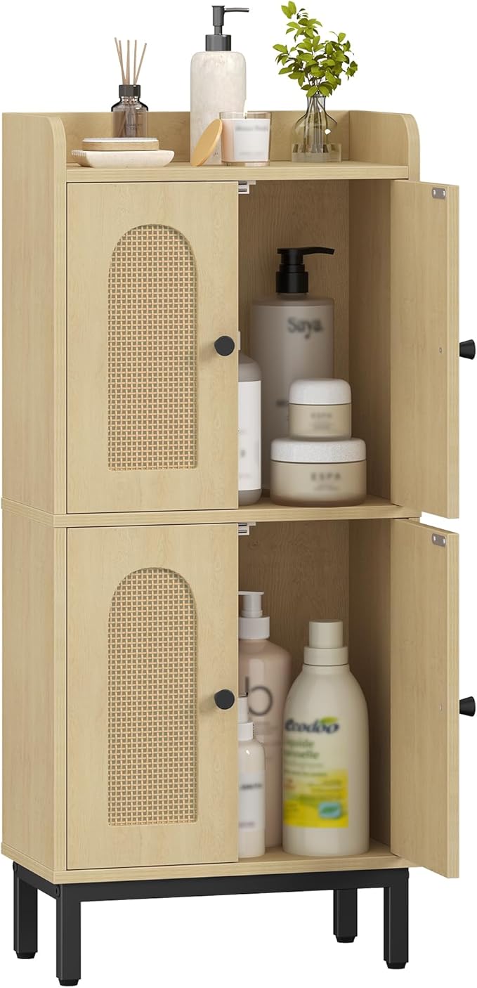 Bathroom Cabinet, Small Storage Cabinet with 4 Doors, Bathroom Organizers and Storage Cabinets with Adjustable Feet, Cabinets Freestanding for Living Room, Kitchen, 7.1"D x 14.6"W x 32.7"H