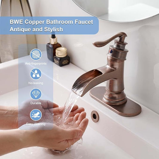 BWE Solid Brass Antique Copper Waterfall Bathroom Faucet Vintage (No Drain) | Wide Waterfall Spout, Ceramic Cartridge, Fits 1 or 3-Hole Sink, Single Handle, Easy Install, Not for Vessel Sink