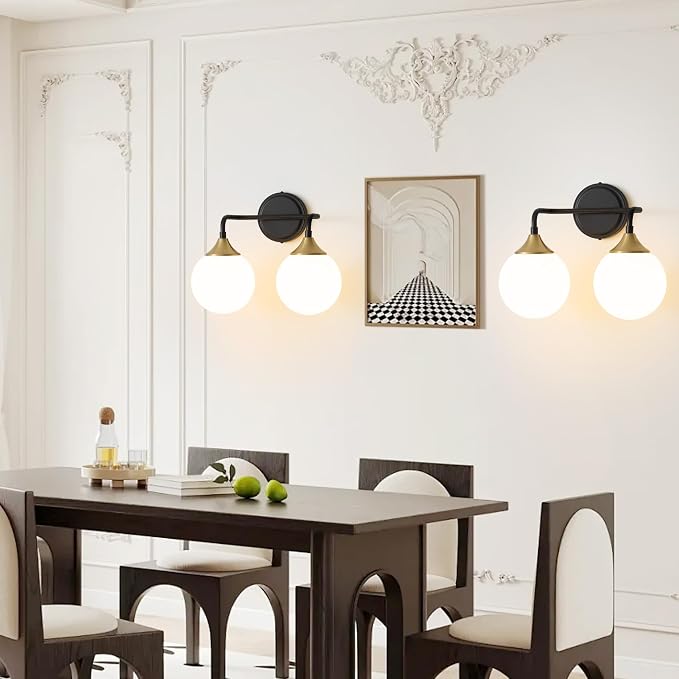 Black Gold Bathroom Light Fixtures Over Mirror Vanity 2-Light | Mid Century Modern Matte Black Gold Wall Sconce with Milky White Glass Ball Shades for for Bathroom Dressing Table Bedroom