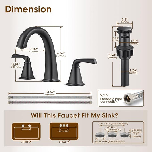 Widespread Bathroom Faucet 3 Hole, Matte Black Bathroom Sink Faucet | 2 Handle Brass Bathroom Faucets for Vanity Faucet with Pop Up Drain and 2 Supply Lines