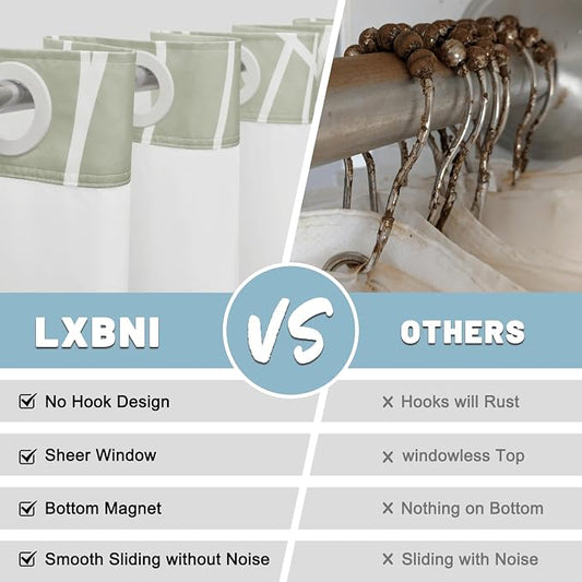 Ombre Sage Green No Hook Shower Curtain with Liner, 71 x 74 Inch | Stripe Pattern,Waterproof,Quick Dry,Mesh Top Window,Bottom Magnets,Hotel Style,Machine Washable,Modern,for Bathroom