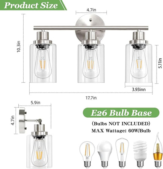 3-Light Brushed Nickel Vanity Lights, E26 Modern Bathroom Light Fixtures with Clear Glass Shade, Wall Lamps for Mirror Kitchen Hallway Cabinet Living Room Sconces Lights