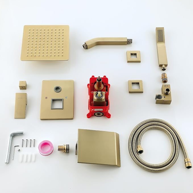 JOYWELL Bathroom Shower Faucets sets Complete Brushed Gold | Bath tub Shower Faucet set with 8" Shower Head,Handheld Shower Sprayer and waterfall Tub Faucet Combo