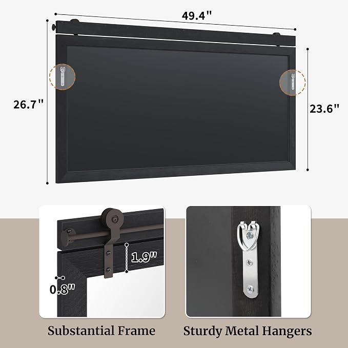 27"x49" Black Wood Grain Barn Door Wall Mirror with Wood Header | 100% solid wood, HD tempered glass, bronze-tone iron rail; large farmhouse wall mirror for double vanity, mantel, entryway