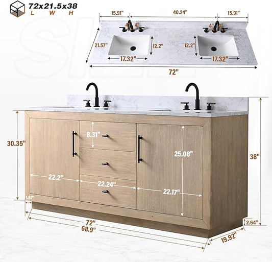 Vanity Art 72 inch Double Sink Bathroom Vanity, Vanity Cabinet with Doors and Shelf, Modern Wood Bathroom Vanity with White Marble Top, Solid Wood Frame, 3 Functioning Drawers,VA70-72-DLW-E