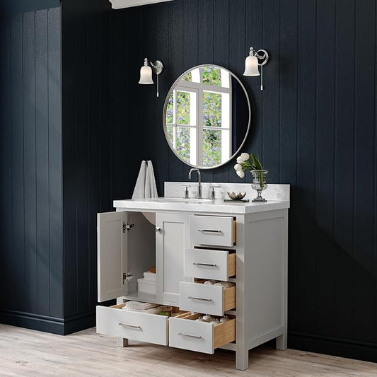 ARIEL Cambridge 36-inch Bathroom Vanity with Sink,Solid Wood, 1.5-inch Italian Carrara Marble Countertop & Backsplash, Single Oval Porcelain Sink, 2 Soft Closing Doors, 5 Dovetail Drawers, Grey