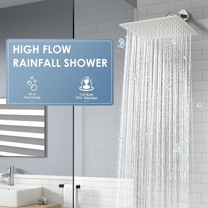 12x8 Inch Rectangle Rain Shower Head Chrome, All Metal Stainless Steel 304, Full Body Rainfall Shower with 112 Silicone Nozzles, Ceiling Rain Showerheads