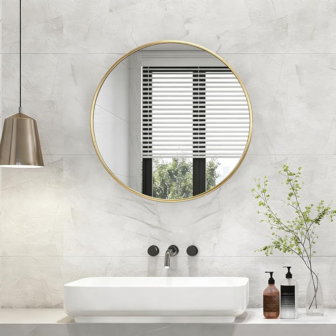 NEWBULIG 28 Inch Round Wall Mirror, Bathroom Mirrors for Over Sink | Metal Framed Circle Vanity Mirror, Wall Decor for Bedroom, Entryway, Anti-Rust, Tempered Glass, Hanging or Leaning, Gold