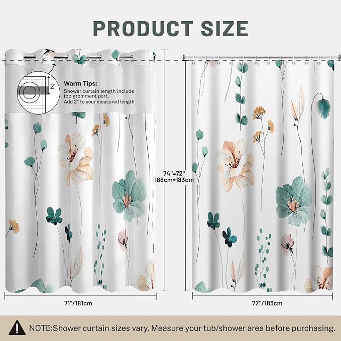 No Hook Floral Shower Curtain with Liner, Teal, 71x74 | Snap in Liner, 3 in 1, Water Repellent, Easy Install, Machine Washable, Hotel Style for Bathroom, Watercolor Pattern