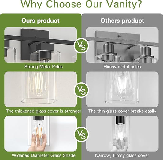 Espird Matte Black Bathroom Vanity Light, 3-Light Vanity Lighting fixtures Over Mirror, Square Design & UL Certification, Wall Sconces with Clear Glass Shades, E26 Socket (Bulbs Not Included)