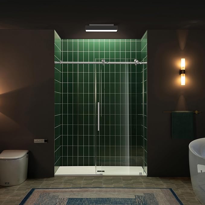 Woodbridge 56-60" W x 80" H Frameless Single Sliding Shower Door with Tempered Glass & Explosion Proof Film in Chrome Finish