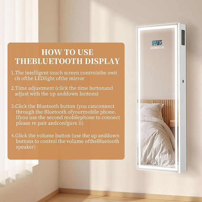 LED Mirror Jewelry Cabinet, Bluetooth Speaker, Full Length Mirror, White | Touch Screen, Defogging, Color Temperature & Timer Control; Lockable Storage with 2 Drawers; Wall or Door Mounted; 42.2" Tall