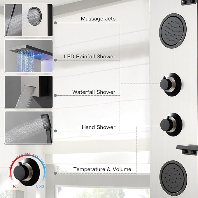 Homevacious 4 In 1 Shower Panel System with Shelf Brushed Nickel | LED Rain Shower Head Adjustable Massage Body Jets 3 Functions Handheld Head Tub Spout Stainless Steel