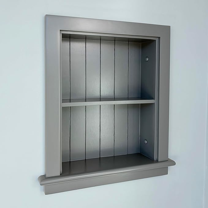 Fox Hollow Furnishings 14x18 Aiden Recessed Wall Niche Medicine Cabinet Replacement, in The Wall Bathroom Cabinet Insert Shelf/Shelves, Made in North America, Real Wood, NO MDF, Beadboard, Dark Gray