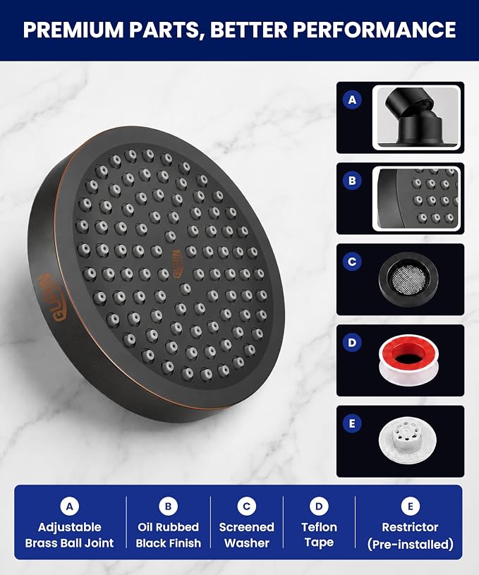 GURIN Shower Head - Luxury Oil Rubbed Black Finish - Rain Showerhead 6 Inch | High Pressure Shower Heads with Adjustable Angles, 90 Anti-Clog Nozzles, Tool-Free 1-Min Install