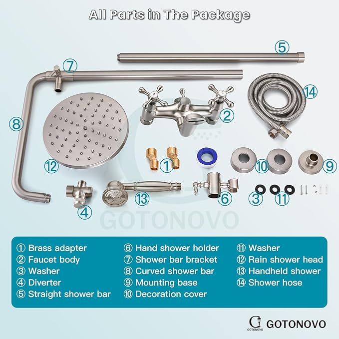 gotonovo Exposed Shower Faucet Set 8 Inch Rainfall Showerhead 3-Function Shower Fixture with Tub Spout 2 Corss Handles Shower System, Brushed Nickel