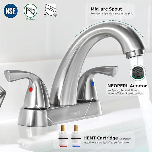 PARLOS 2-Handle Bathroom Sink Faucet with Drain Assembly and Supply Hose Lead-Free cUPC Lavatory Faucet Mixer Double Handle Tap Deck Mounted Brushed Nickel,13598