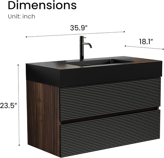 36 Inch Bathroom Vanity with Black Sink, Floating Bathroom Cabinet with 2 Soft-Closing Drawers, Large Storage for Powder Room, Apartment, Hotel, Walnut+Black, Fir Collection
