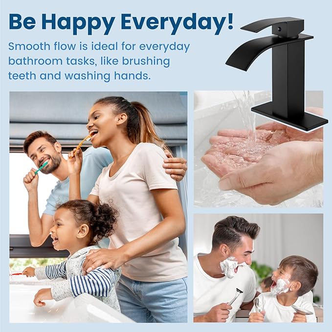 Airuida Matte Black Waterfall Bathroom Faucet, Single Handle Single Hole Bathroom Sink Faucet Deck Mount Mixer Tap with Deck Plate, Rv Lavatory Vanity Washbasin Faucet