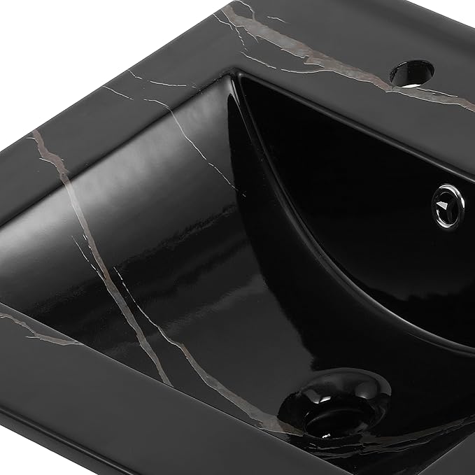 JONATHAN Y SNK1000D Ancillary 3-Hole 20 in. W x 18.25 in. D Classic Contemporary Rectangular Ceramic Single Sink Basin Vanity Top, Black Marble Effect