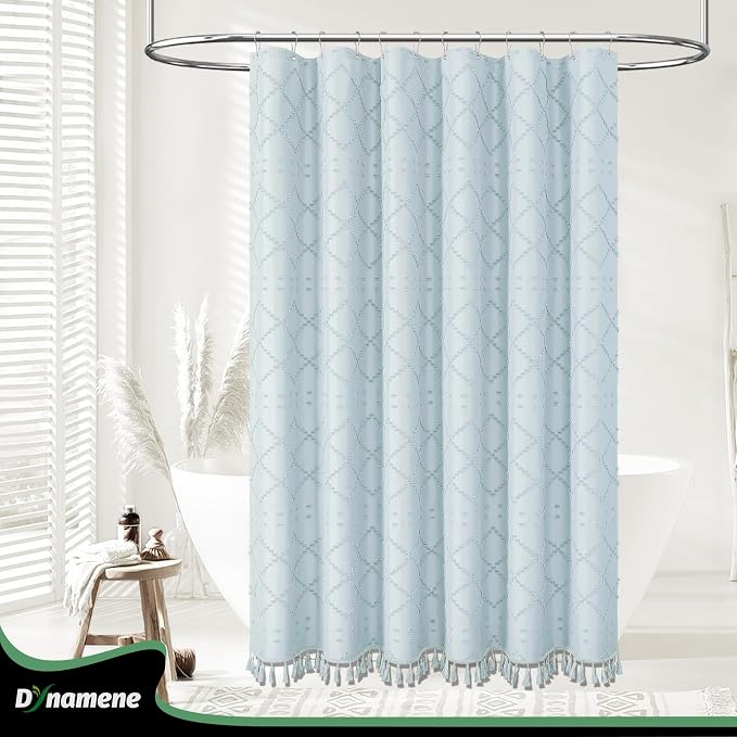 Stall Boho Shower Curtain Tufted Geometric 54"x78" Fog Blue | 54 x 78 inch Long, Elegant Tassel, Lightweight Textured Fabric, Water Repellent, Washable, for Narrow Bathroom/Dorm 10 Hooks