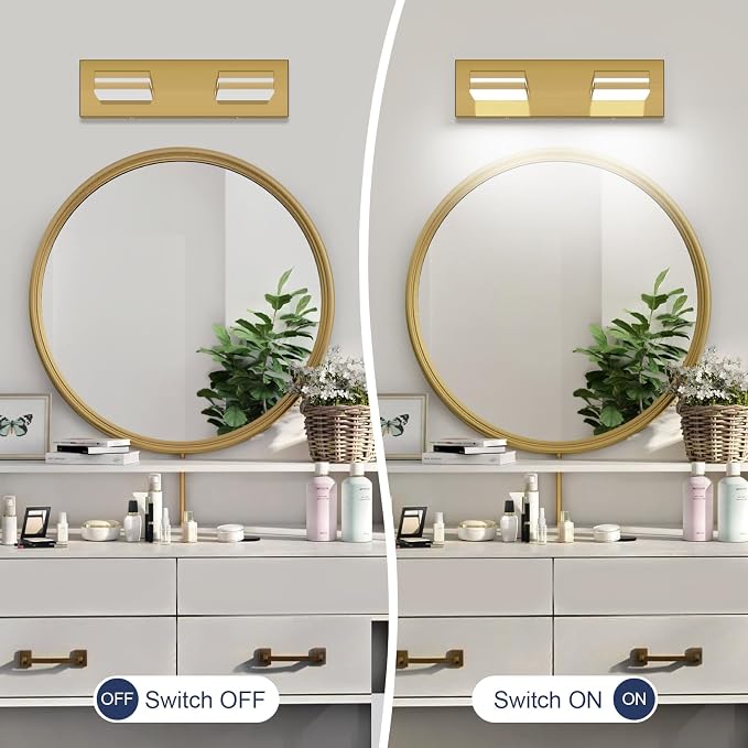 SineRise LED Modern Bathroom Vanity Light Fixtures, Modern Acrylic Bathroom Wall Lighting Fixtures Over Mirror, 2-Light, 15.5-Inch, Brass, White