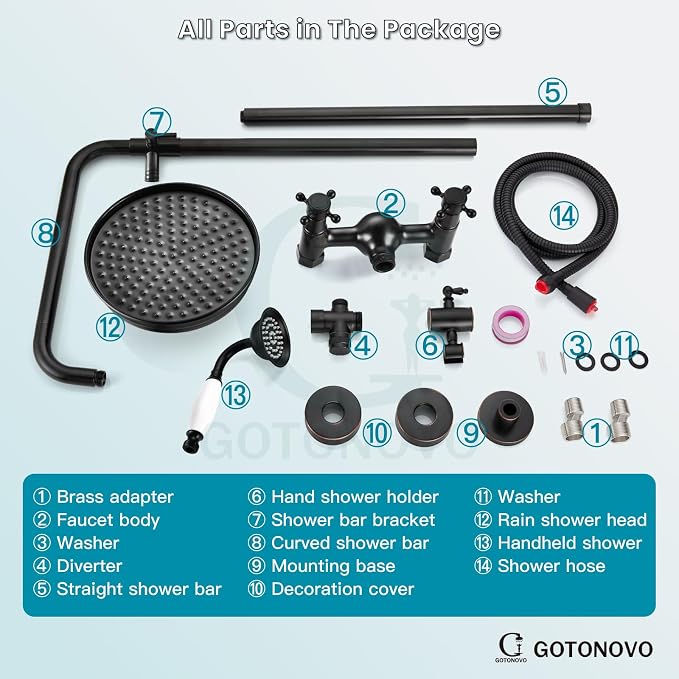 gotonovo Exposed Shower Faucet Set Luxury,Oil Rubbed Bronze,Straight Rod | Bathroom 8” Shower Head with Handheld Spray System Fixtures,Vintage Two Cross Handle,Wall Mount,for 5-6.7" Hole,Adjust Height