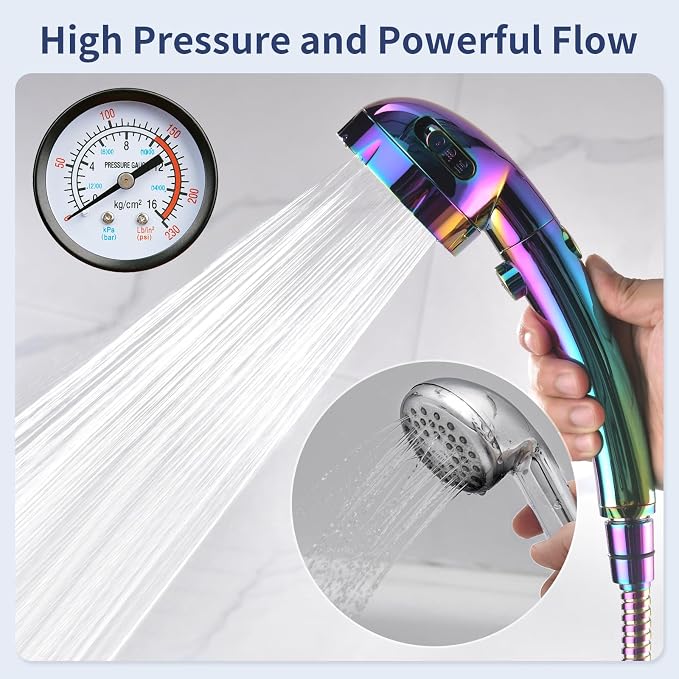 HANLIAN On/Off High Pressure Handheld Shower Head for RV Camper | 3 Spray Modes Shower Head with Pause Button, Water Saving Shower Head with Hose and Self-adhesive Holder(Radiant Rainbow)
