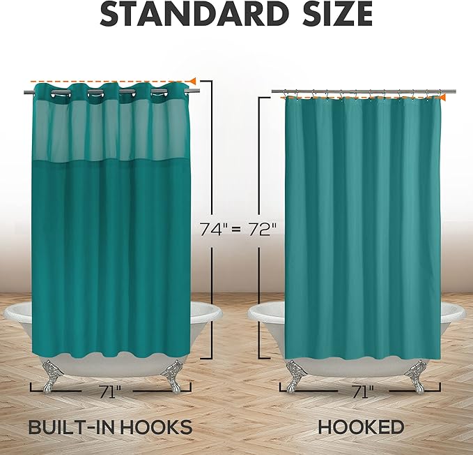 River Dream No Hook Shower Curtain with Snap-in Liner Set, Teal, 71x74 | Snap on/off Waterproof PEVA Liner, See Through Top Window, Slub Textured, Hotel Style Shower Curtain Set, Standard Size