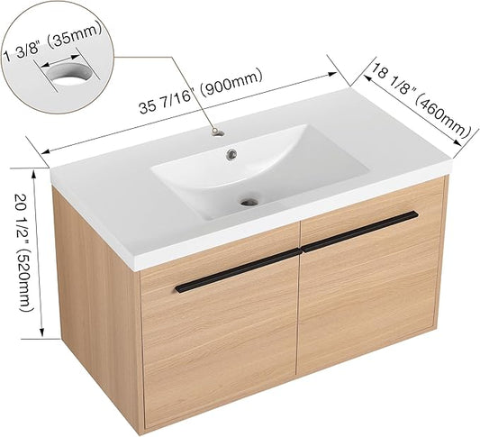 Henf 36 inch Bathroom Vanity with Sink, Wall Mounted Solid Wood Bathroom Vanities with White Integrated Sink and Storage Cabinet,Floating Modern 2 Doors Bathroom Cabinet Set with Black Handle,Oak