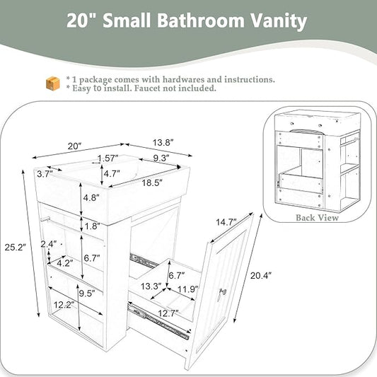 20" Floating Small Bathroom Vanity with Sink, Wall Mounted Vanity for Compact Bathrooms, Space-Saving Narrow Bathroom Vanities with Soft-Close Drawer Open Shelf Towel Bar (Green,20" Floating Drawer)