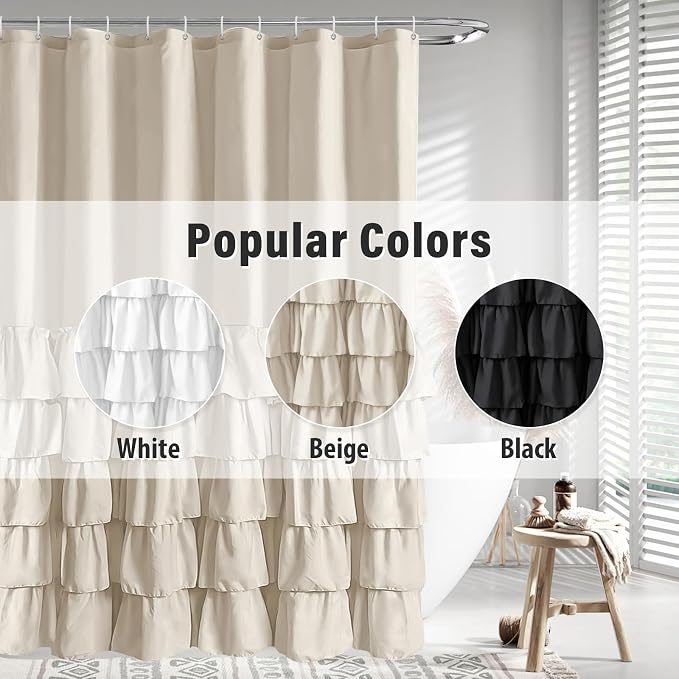 Seasonwood Beige Ruffle Shower Curtain Neutral Shower Curtain 72 x 78 | Natural button accents, layered fabric tiers, shabby chic and French country styling for decorative bathroom updates