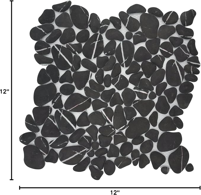 SUNWINGS 10-Sheet Pebble Tile for Shower Floor Border Kitchen Bathroom Backsplash, Black Marquina Recycled Glass Marble Stone Looks Wall and Floor Tile, Covers 7.9 Sq. Ft