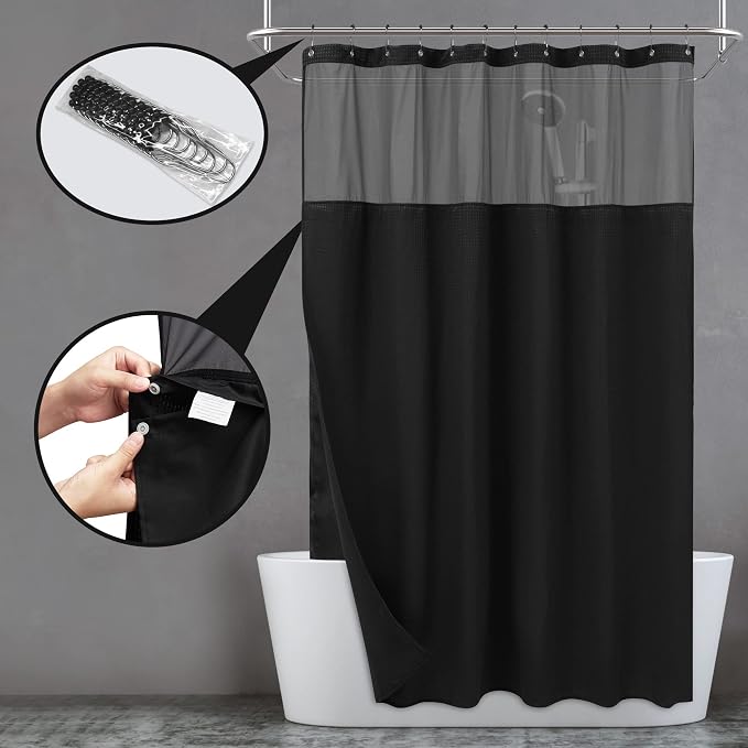 N&Y HOME Waffle Weave Shower Curtain with Snap-in Liner Set Black, 71x72 | 12 Black Metal Hooks Included, Snap on/off Fabric Liner, Mesh Window, Washable, Hotel Style Shower Curtain Set for Bathroom