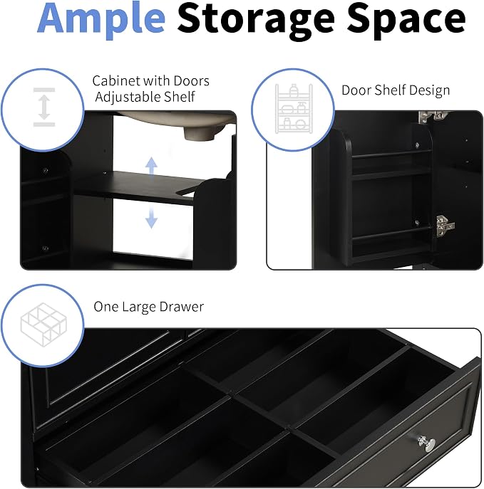 30" Bathroom Vanity Cabinet with Undermount Sink, Storage Rack Shelf, Multi-Functional Drawer Divider, Soft Closing Doors, Black