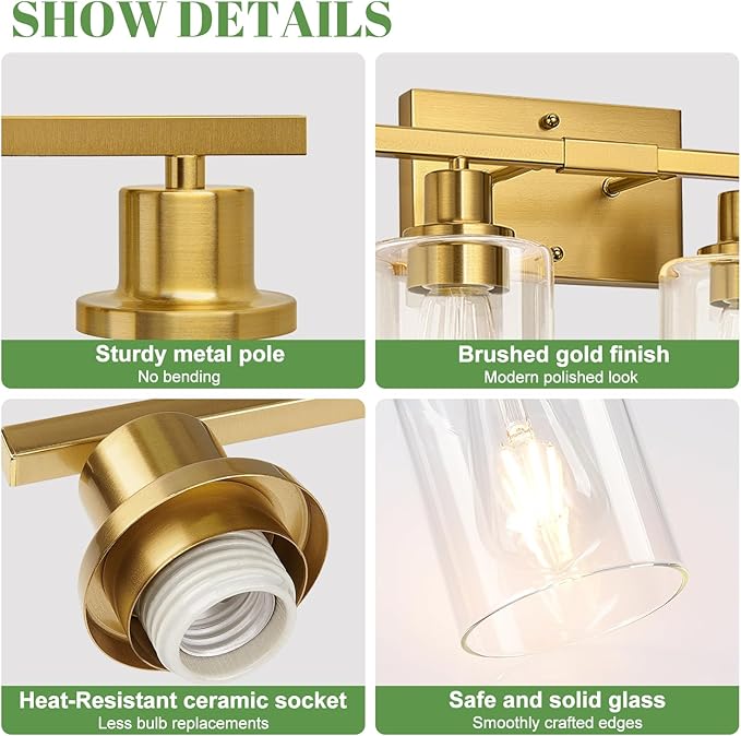 5-Light Bathroom Light Fixtures, Vanity Light with Clear Glass Shades, Brushed Gold Bathroom Light Fixtures Over Mirror, Modern Bathroom Wall Lamp for Mirror Living Room Cabinet Bedroom