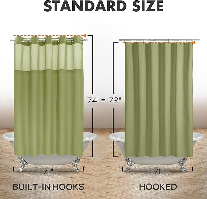 River Dream No Hook Shower Curtain with Snap-in Liner Set, Sage, 71x74 | Snap on/off Waterproof PEVA Liner, See Through Top Window, Slub Textured, Hotel Style Shower Curtain Set, Standard Size