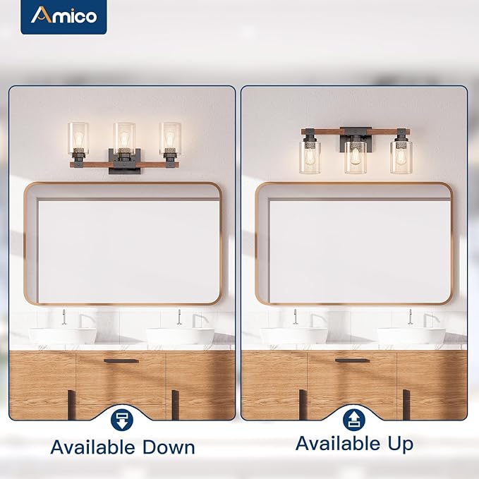 Amico 3-Light Farmhouse Bathroom Vanity Light, Seeded Glass, Black & Wood | Bubble Glass Shade Wall Sconce, Over Mirror Lighting for Bathroom, Bedroom, Living Room, Hallway, Powder Room, Entryway