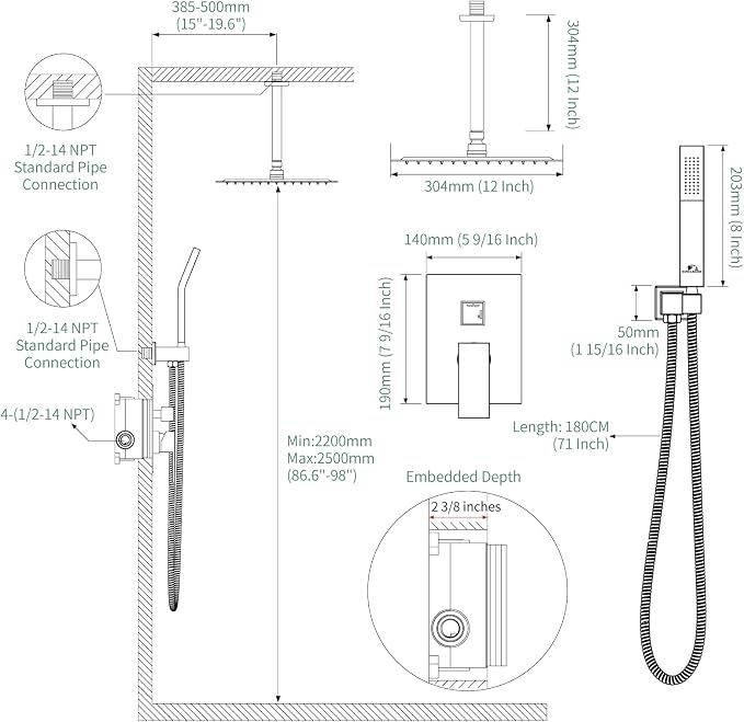 SunCleanse Rainfall Shower Faucet Set with High Pressure in Polished Chrome | Ceiling mounted shower combo set featuring a 12" square rain head, handheld spray, and rough-in mixer valve with trim.