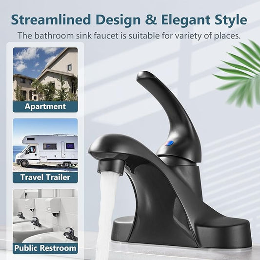 Aolemi Bathroom Faucets Arc 4 Inch Centerset Bathroom Sink Faucet Single Handle Vanity Faucet with Supply Lines,with Pop Up Drain Assembly,Matte Black