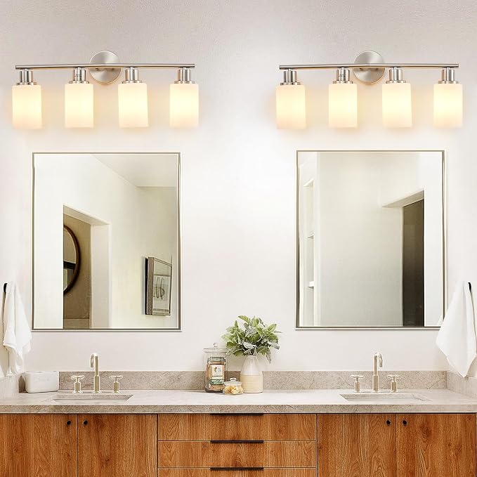 DLLT 4-Light Bathroom Light Fixtures: Nickel Modern Vanity Lights with E26 Bulbs - Milky White Glass Shade Bathroom Wall Lamp for Mirror Kitchen Living Room Hallway Cabinet Porch