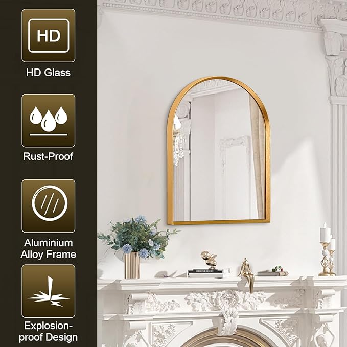 Arched Wall Mirror, Arch Bathroom Mirror, for Vanity Living Room Bedroom Mantel Entryway Hallways Home Decor Aluminum Alloy Frame 16"x12"