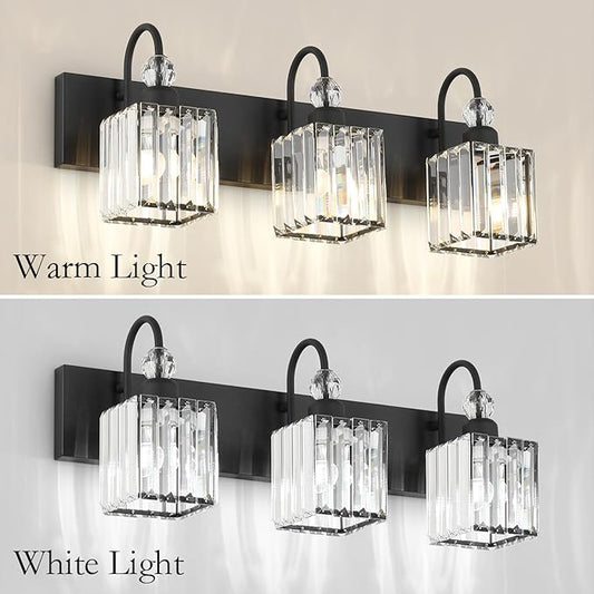 Ralbay Modern Crystal Black Vanity Light 3 Light Bathroom Light Fixtures Over Mirror Matte Black Crystal Bathroom Wall Lighting