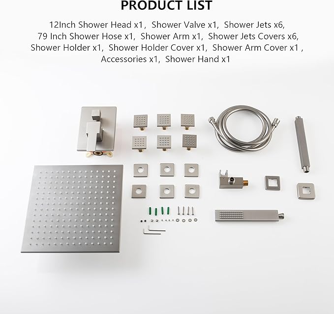 SKOWLL Brushed Nickel Shower Faucet Set Ceiling Mount 12 Inch LED Rainfall Shower Head with Body Jet Complete, Bathroom Shower System with Handheld, Pressured Balance Rough-in Valve