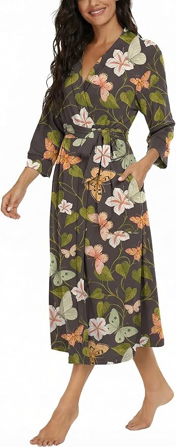 VINTATRE Women Kimono Robes Long Knit Bathrobe Lightweight Soft Knit Sleepwear V-neck Casual Ladies Loungewear