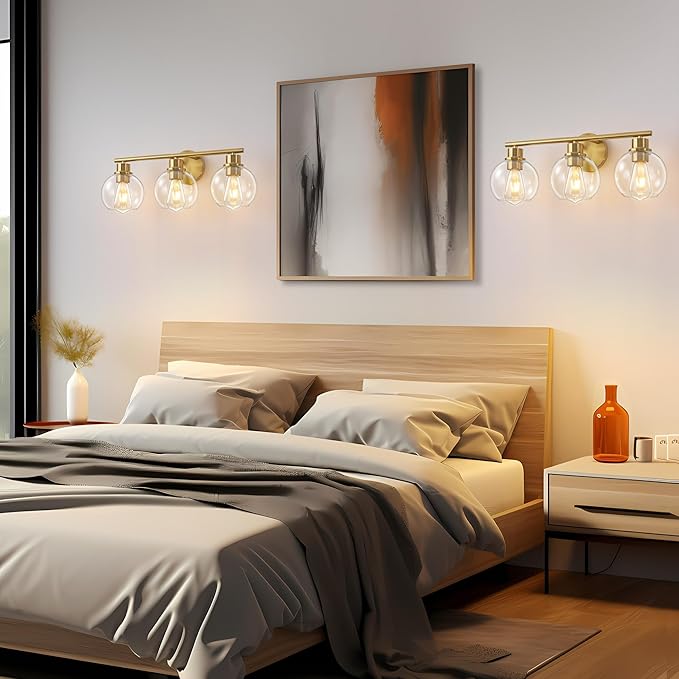 22" Bathroom Light Fixtures, 3-Lights Bathroom Vanity Light Over Mirror with Clear Glass Shade, Modern Gold Wall Sconce Vanity Lighting for Bath, Kitchen, Living Room, Hallway